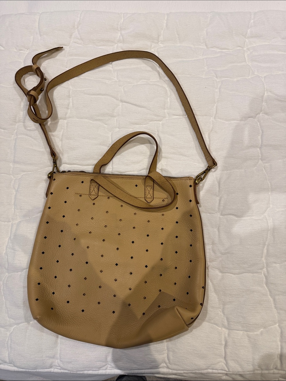 Madewell Tan Perforated Leather Tote Bag with Adjustable Strap